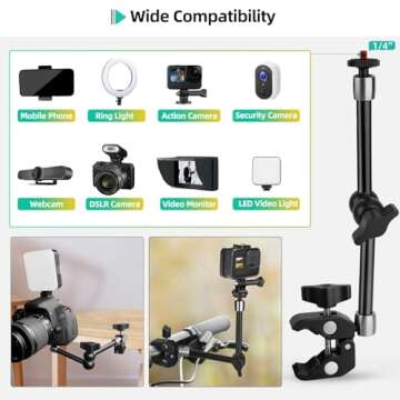 9.8" Adjustable Magic Arm w Clamp, Articulating Magic Arm Camera Clamp Mount w 1/4" Thread, Overhead Phone Mount, Flexible Desk Camera Mount & Clamps for Tripod Monitor LED Light Webcam Microphone