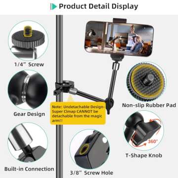 9.8" Adjustable Magic Arm w Clamp, Articulating Magic Arm Camera Clamp Mount w 1/4" Thread, Overhead Phone Mount, Flexible Desk Camera Mount & Clamps for Tripod Monitor LED Light Webcam Microphone