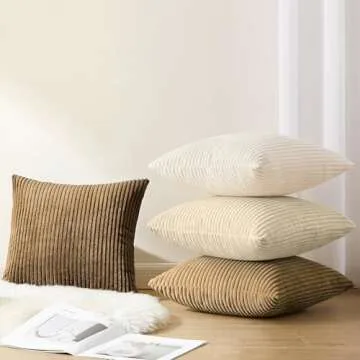 Softalker Decorative Throw Pillow Covers 16 x 16, Set of 4, Soft Corduroy Solid Striped Pillow Cover, Modern Decor Cushion Pillow Cases for Couch Sofa Bedroom Living Room, Caramel