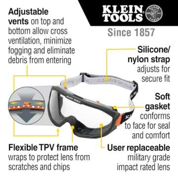 Klein Tools 60479 Safety Goggles, Clear Lens PPE Eye Protection, Anti-Fog, Scratch-Resistant, UV Pro...