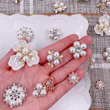 Pearl Rhinestone Buttons18pcs Rhinestone Pearl Embellishments Pearl Brooch Alloy Pendants for Jewelr...
