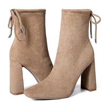 mysoft Women's Fashion Ankle Boots Square Toe Chunky Block High Heel Mid Calf Lace Up Booties