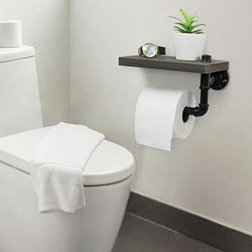 MyGift Wall Mounted Toilet Paper Holder with Industrial Metal Pipe Bar and Barnwood Gray Solid Wood Floating Display Shelf