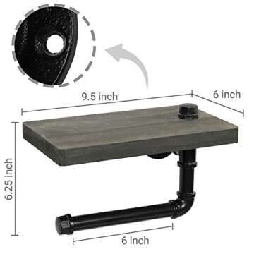 MyGift Wall Mounted Toilet Paper Holder with Industrial Metal Pipe Bar and Barnwood Gray Solid Wood Floating Display Shelf