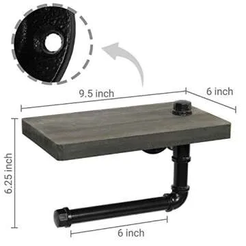 MyGift Wall Mounted Toilet Paper Holder with Industrial Metal Pipe Bar and Barnwood Gray Solid Wood Floating Display Shelf