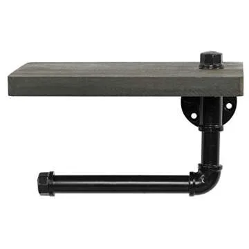 MyGift Wall Mounted Toilet Paper Holder with Industrial Metal Pipe Bar and Barnwood Gray Solid Wood Floating Display Shelf