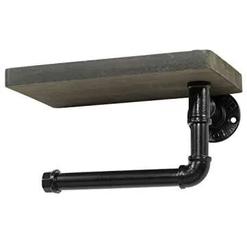 MyGift Wall Mounted Toilet Paper Holder with Industrial Metal Pipe Bar and Barnwood Gray Solid Wood Floating Display Shelf