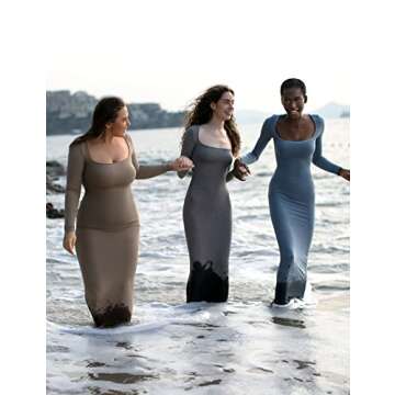 PUMIEY Long Sleeve Dress for Women Maxi Dress Bodycon Dresses for Women Dupe Formal Dresses Grey Dress Grey Dress Stone X-Small