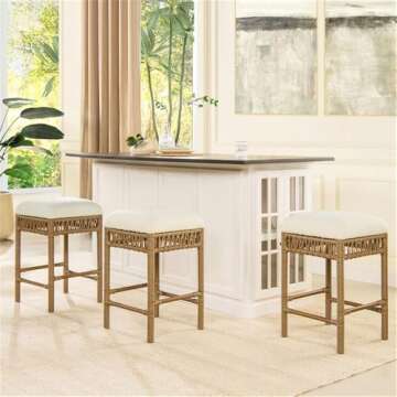 Jennifer Taylor Home Lucia 25.5" Backless Upholstered Counter Stool with Resin Rattan Frame, Ivory W...