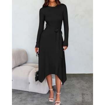 ZESICA Spring Long Sleeve Midi Sweater Dress in Black