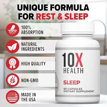 10X Health Sleep Supplement - Magnesium Supplement with L Theanine & Melatonin 3mg for Longer Sleep Support & Relaxation - 3-in1 Sleep Supplements for Adults - 60 Capsules