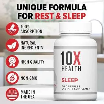 10X Health Sleep Supplement - Magnesium Supplement with L Theanine & Melatonin 3mg for Longer Sleep Support & Relaxation - 3-in1 Sleep Supplements for Adults - 60 Capsules
