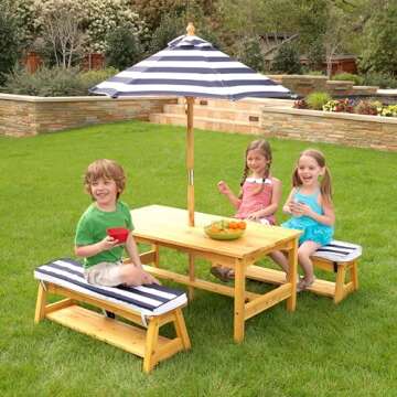 KidKraft Outdoor Wooden Table & Bench Set with Cushions and Umbrella, Kids Backyard Furniture, Navy ...