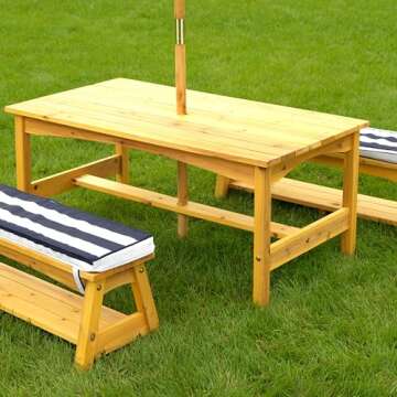KidKraft Outdoor Wooden Table & Bench Set with Cushions and Umbrella, Kids Backyard Furniture, Navy and White Stripe Fabric