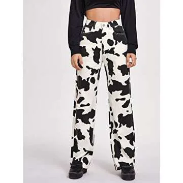 SOLY HUX Women's Casual Denim Pants High Waisted Wide Leg Jeans Cow Print S