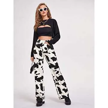 SOLY HUX Women's Casual Denim Pants High Waisted Wide Leg Jeans Cow Print S