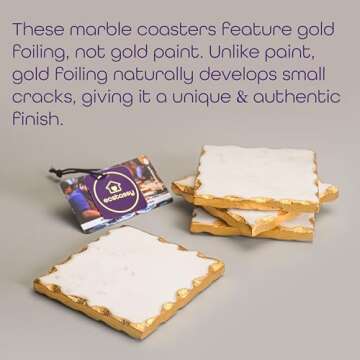 Marble Coasters Set of 4 with Gold Trim - 4 Inch Square Elegant Gold Coasters - Premium Marble Coast...