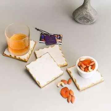 Stylish Marble Coasters Set of 4 with Gold Trim