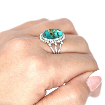 JEWELOPORIUM Copper Blue Turquoise Silver Ring Size 9, 925 Sterling Silver Ring for Women, Oval Ston...
