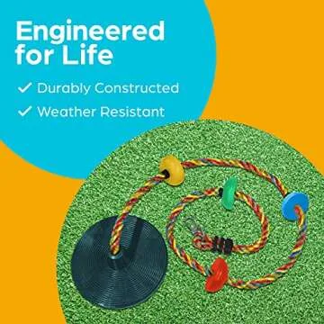 Jungle Gym Kingdom Tree Swing for Kids - Single Disc Seat and Rainbow Climbing Rope Set w/Carabiner and 4 Foot Strap - Treehouse and Outdoor Playground Accessories - Green