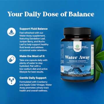 Water Away Pills Maximum Strength - Herbal Diuretic Pills for Water Retention for Fast Acting Bloati...