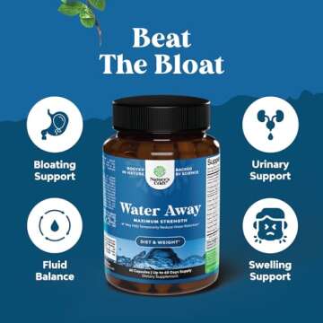 Water Away Pills Maximum Strength - Herbal Diuretic Pills for Water Retention for Fast Acting Bloating Relief for Women and Men - Easy to Take for Women and Men - 60 Servings
