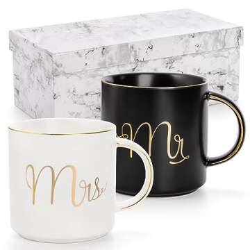 Yesland 12 oz Mr and Mrs Mug, Ceramic Coffee Mug for the Couple, Ideal Gift for Engagement, Anniversary, His and Hers, Bride and Groom, Valentines and Christmas Gifts - Set of 2 (Black & White)