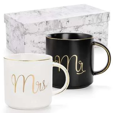 Yesland 12 oz Mr and Mrs Mug, Ceramic Coffee Mug for the Couple, Ideal Gift for Engagement, Anniversary, His and Hers, Bride and Groom, Valentines and Christmas Gifts - Set of 2 (Black & White)