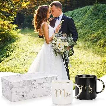 Yesland 12 oz Mr and Mrs Mug, Ceramic Coffee Mug for the Couple, Ideal Gift for Engagement, Anniversary, His and Hers, Bride and Groom, Valentines and Christmas Gifts - Set of 2 (Black & White)