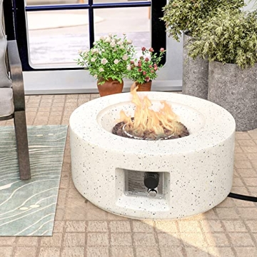 HOMPUS Outdoor Propane Fire Pit, 40,000 BTU 28-inch Round White Terrazzo Concrete Fire Table Gas Fir...