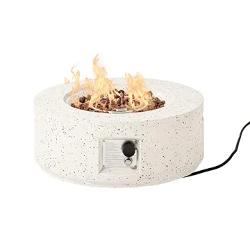 HOMPUS Outdoor Propane Fire Pit, 40,000 BTU 28-inch Round White Terrazzo Concrete Fire Table Gas Fire Pit w Lava Rocks and Rain Cover for Outdoor, Deck or Backyard