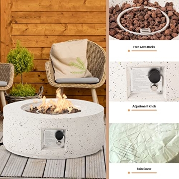 HOMPUS Outdoor Propane Fire Pit, 40,000 BTU 28-inch Round White Terrazzo Concrete Fire Table Gas Fire Pit w Lava Rocks and Rain Cover for Outdoor, Deck or Backyard
