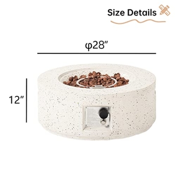 HOMPUS Outdoor Propane Fire Pit, 40,000 BTU 28-inch Round White Terrazzo Concrete Fire Table Gas Fire Pit w Lava Rocks and Rain Cover for Outdoor, Deck or Backyard