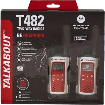 Motorola Solutions, Portable FRS, T482, Talkabout, Two-Way Radios, Red Cross, Emergency Preparedness, Rechargeable, 22 Channel, 35 Mile, White W/Red, 2 Pack