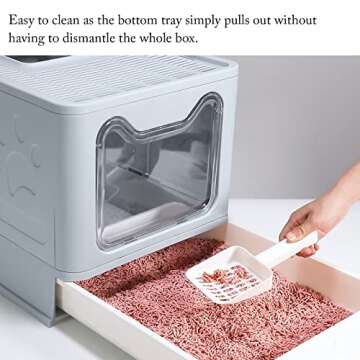 ROCCS Foldable Cat Litter Box with Lid,No Smell Large Top Entry Litter Box with Cat Litter Scoop,Covered Drawer Type Kitty Potty,Including Fur Brush & Cleaning Glove,Grey 20" x 16" x 15"