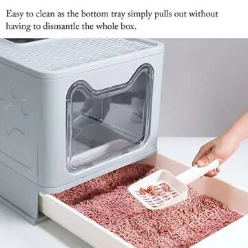 ROCCS Foldable Cat Litter Box with Lid,No Smell Large Top Entry Litter Box with Cat Litter Scoop,Covered Drawer Type Kitty Potty,Including Fur Brush & Cleaning Glove,Grey 20" x 16" x 15"