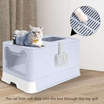 ROCCS Foldable Cat Litter Box with Lid,No Smell Large Top Entry Litter Box with Cat Litter Scoop,Covered Drawer Type Kitty Potty,Including Fur Brush & Cleaning Glove,Grey 20" x 16" x 15"