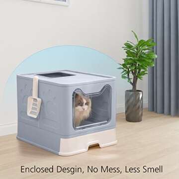 ROCCS Foldable Cat Litter Box with Lid,No Smell Large Top Entry Litter Box with Cat Litter Scoop,Covered Drawer Type Kitty Potty,Including Fur Brush & Cleaning Glove,Grey 20" x 16" x 15"