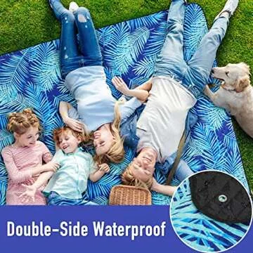 PY SUPER MODE Picnic Blankets Extra Large, Waterproof Foldable Outdoor Beach Blanket Oversized 83x79” Sandproof, 3-Layer Picnic Mat for Camping, Hiking, Travel, Park, Concerts(Blue Leaves)