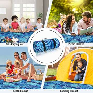 PY SUPER MODE Picnic Blankets Extra Large, Waterproof Foldable Outdoor Beach Blanket Oversized 83x79” Sandproof, 3-Layer Picnic Mat for Camping, Hiking, Travel, Park, Concerts(Blue Leaves)