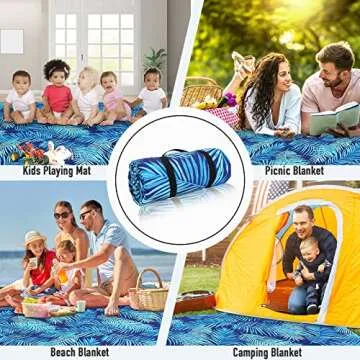 PY SUPER MODE Picnic Blankets Extra Large, Waterproof Foldable Outdoor Beach Blanket Oversized 83x79” Sandproof, 3-Layer Picnic Mat for Camping, Hiking, Travel, Park, Concerts(Blue Leaves)