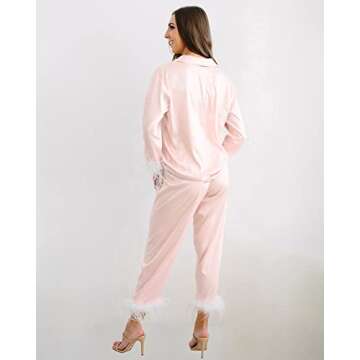 Belle's Design Feather Bridal Pajamas - Satin Silk Pants and Long Sleeve Feather Trim, Wedding, Bachelorette Party Sleepwear, Blush/X-Large