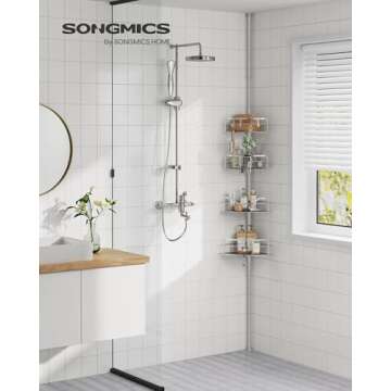 SONGMICS Corner Shower Caddy Tension Pole, 4-Tier Rust-Resistant Shower Organizer, Shower Shelf, No ...