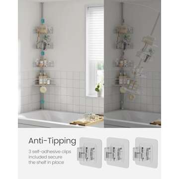SONGMICS Corner Shower Caddy Tension Pole, 4-Tier Rust-Resistant Shower Organizer, Shower Shelf, No Drilling, 31.5 to 127.2 Inches, Height Adjustable Shelves, for Bathroom, Dove Gray UBCB003E01