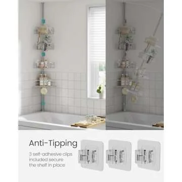 SONGMICS Corner Shower Caddy Tension Pole, 4-Tier Rust-Resistant Shower Organizer, Shower Shelf, No Drilling, 31.5 to 127.2 Inches, Height Adjustable Shelves, for Bathroom, Dove Gray UBCB003E01