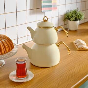 Karaca Retro Teapot Set Cream, Enamel, Teapot/Lid (1.1 lt, 2.4 lb), Tea Kettle (2.3 lt, 5 lb), Titan...