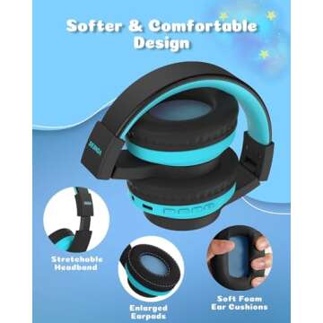 seenda Kids Bluetooth Headphones Boys, Kids Wireless Headphones with 85/94dB Volume Limited, 45H Playtime, 3 Lighting Modes, Built-in Mic, Over Ear Headset with Aux Cord for iPad/Tablet/Travel/School
