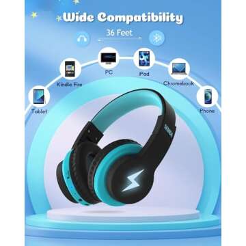 seenda Kids Bluetooth Headphones Boys, Kids Wireless Headphones with 85/94dB Volume Limited, 45H Playtime, 3 Lighting Modes, Built-in Mic, Over Ear Headset with Aux Cord for iPad/Tablet/Travel/School