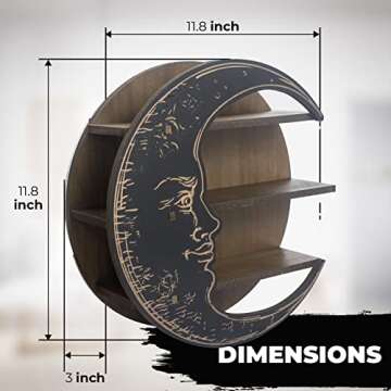 CEFRECO Black Crescent Moon Shelf - Rustic Wooden Crystal Holder for Healing Stones and Essential Oi...