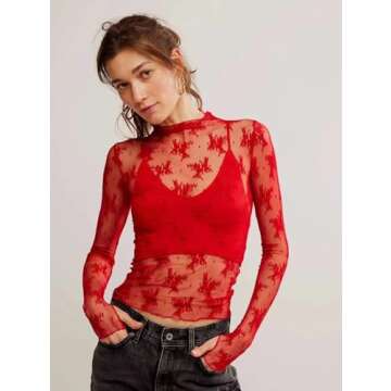 VELISDE Women's Floral Sheer Lace Mesh Layering Tops